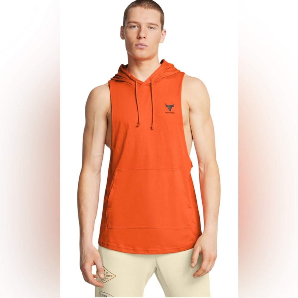 Under Armour Men's Project Rock Fleece Sleeveless Orange Hoodies 3XL